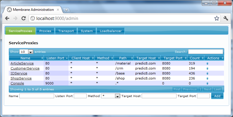 Web Console Listing serviceProxies Web Console Listing serviceProxies
